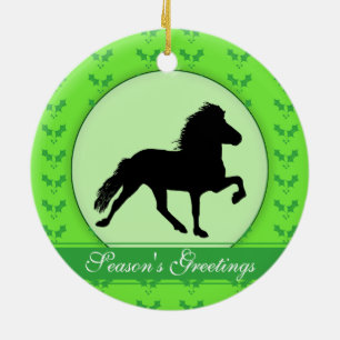 Icelandic Horse Green Holly Season's Greetings Ceramic Ornament