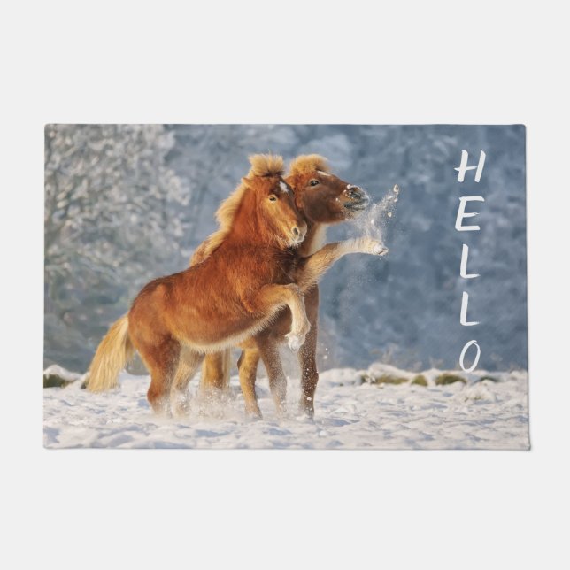 Icelandic horses foal funny playing in snow - doormat (Front)