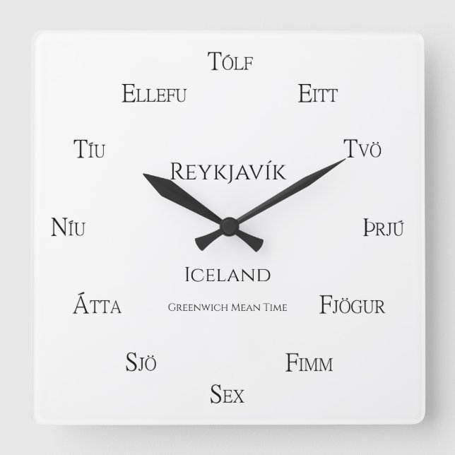 Icelandic Numbers Custom City Country Time Zone Square Wall Clock (Front)