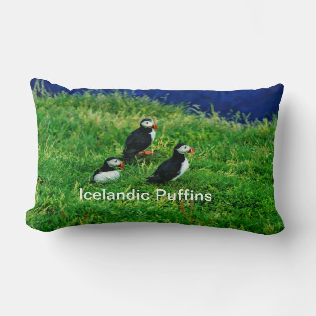 Icelandic Puffins in Summer Lumbar Pillow (Front)