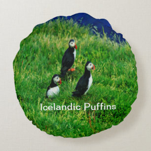Icelandic Puffins in Summer Round Pillow