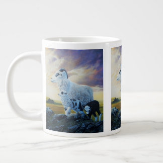 Icelandic sheep, ewe and lambs, sunrise sky large coffee mug