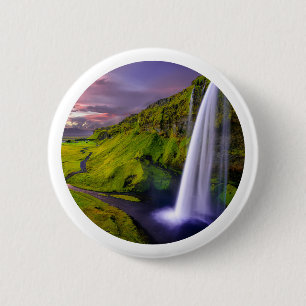 Icelandic Waterfall Green Nature Photo 2 Inch Round Button