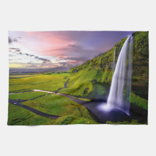 Icelandic Waterfall Green Nature Photo Kitchen Towel