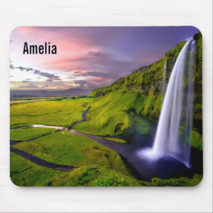Icelandic Waterfall Green Nature Photo Mouse Pad