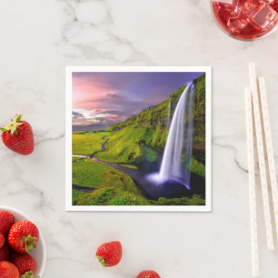 Icelandic Waterfall Green Nature Photo Napkin