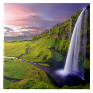 Icelandic Waterfall Green Nature Photo Tile