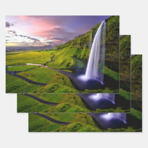 Icelandic Waterfall Green Nature Photo Wrapping Paper Sheet
