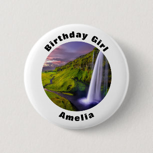 Icelandic Waterfall Nature Photo Birthday Girl 2 Inch Round Button