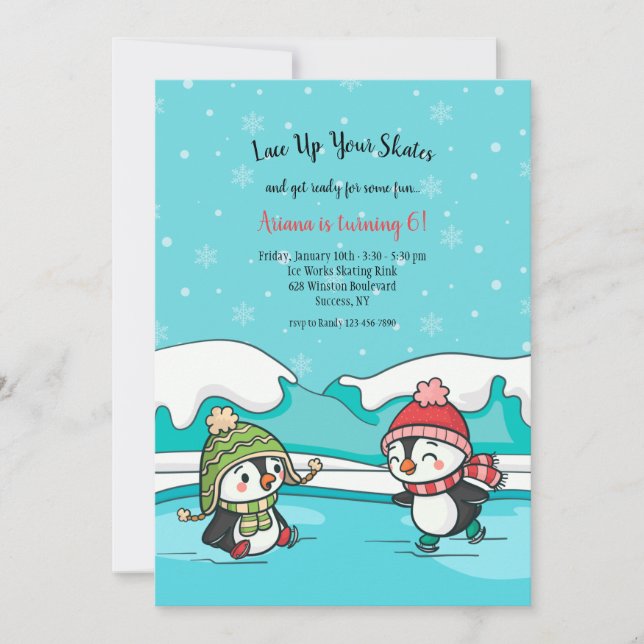 Ices Skating Penguins Birthday Party Invitation (Front)