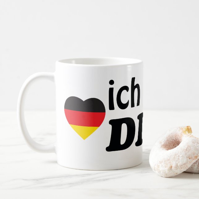 ICH LIEBE DICH GERMAN HEART FLAG COFFEE MUG (With Donut)