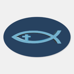Ichthus - Christian Fish Symbol with Crucifix Oval Sticker