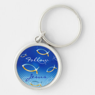 Ichthus Pattern on Blue Background Keychain