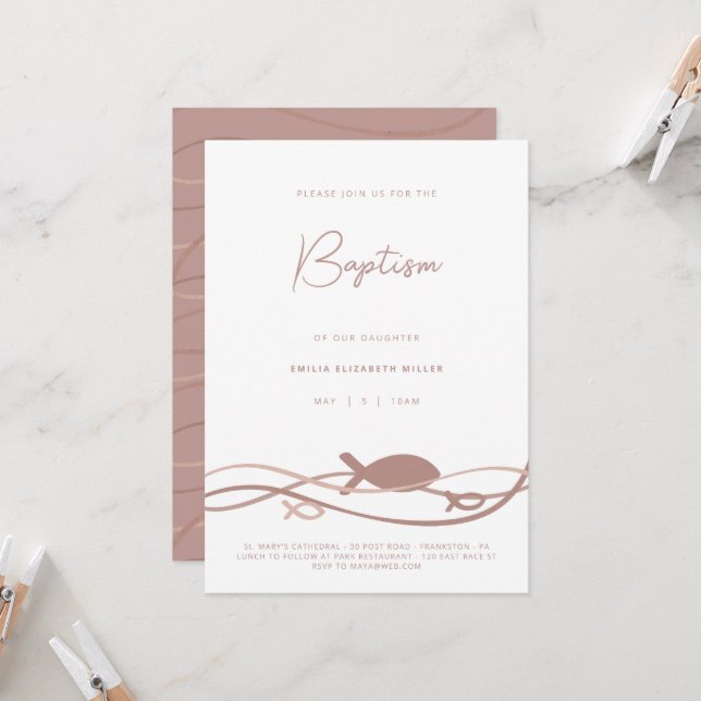 Ichthys Waves Blush Pink - Modern Baptism Invitation (Front/Back In Situ)