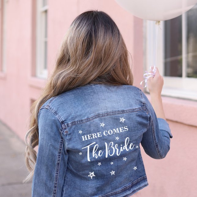 Ici vient la mariée Wedding (Here comes the bride stars wedding denim jacket for wedding and bridal shower and bachelorette party)