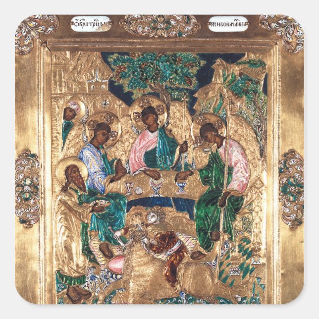 Icon depicting Abraham and the Three Angels Square Sticker (Front)