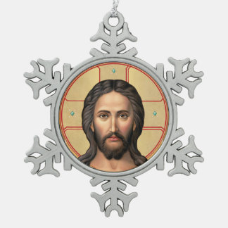 Icon of Christ Snowflake Pewter Christmas Ornament