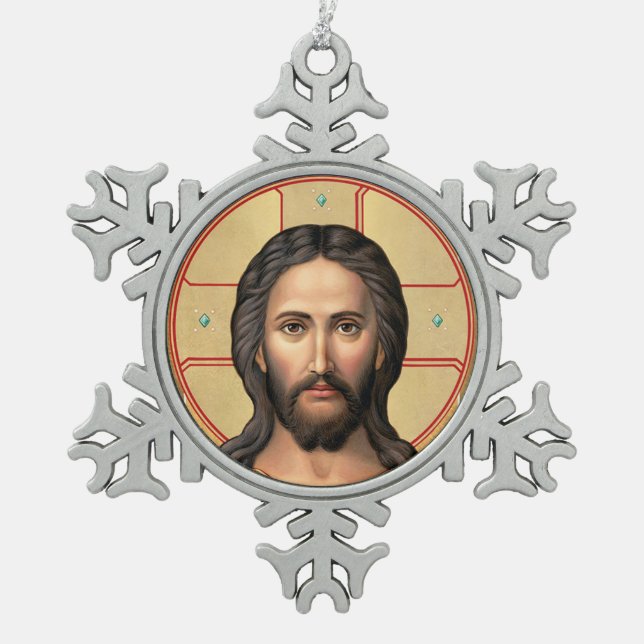 Icon of Christ Snowflake Pewter Christmas Ornament (Front)