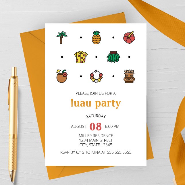 Icônes de la ligne Luau Invitation à la fête (Luau Party Invitation | Minimalist Modern Luau Line Icons )