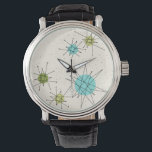 Iconic Atomic Starbursts Leather Watch<br><div class="desc">This Iconic Atomic Starbursts Leather Watch pattern features iconic atomic starbursts. That’s right! The old school, cream coloured background with gold speckles is the perfect backdrop for the vibrant turquoise, soothing celery, and kitschy pear green coloured circles. The spots of colour are sporadically placed in various sizes with overlaying black...</div>