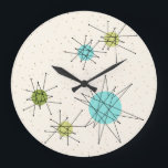 Iconic Atomic Starbursts Round Wall Clock<br><div class="desc">This Iconic Atomic Starbursts Round Acrylic Wall Clock pattern features iconic atomic starbursts. That’s right! The old school, cream coloured background with gold speckles is the perfect backdrop for the vibrant turquoise, soothing celery, and kitschy pear green coloured circles. The spots of colour are sporadically placed in various sizes with...</div>