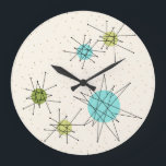 Iconic Atomic Starbursts Round Wall Clock<br><div class="desc">This Iconic Atomic Starbursts Round Acrylic Wall Clock pattern features iconic atomic starbursts. That’s right! The old school, cream coloured background with gold speckles is the perfect backdrop for the vibrant turquoise, soothing celery, and kitschy pear green coloured circles. The spots of colour are sporadically placed in various sizes with...</div>