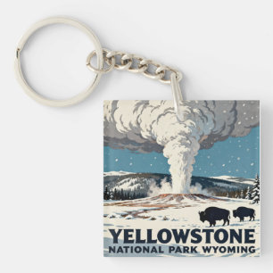 Iconic Old Faithful Yellowstone Geyser Park Keychain