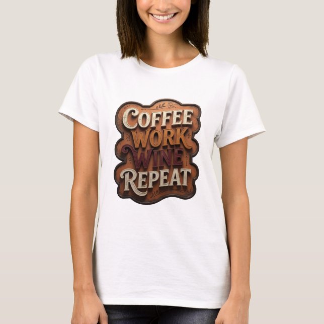 Iconic Orange COFFEE WORK WINE REPEAT Print T-Shirt (Front)