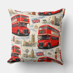 Iconic red double-decker bus and city landmarks he throw pillow