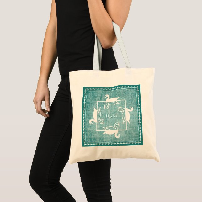 Iconic White Swans Pattern Aqua Texture Monogram Tote Bag (Front (Product))