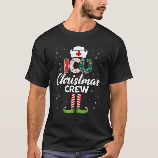 ICU Nurse Christmas Scrubs For Women Pajamas Funny T-Shirt (Front)