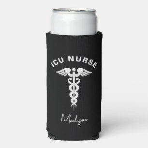 ICU Nurse Medical Caduceus Script Personalized Seltzer Can Cooler