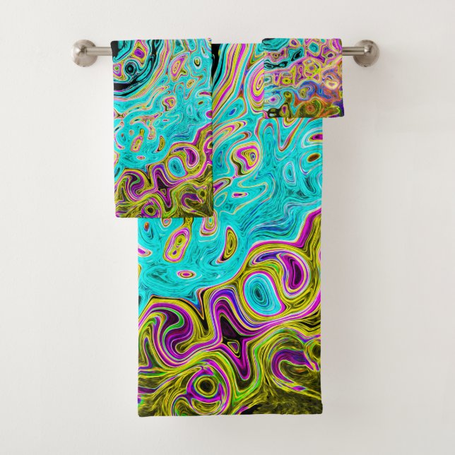 Icy Aqua Blue Groovy Abstract Retro Liquid Swirl Bath Towel Set (Insitu)