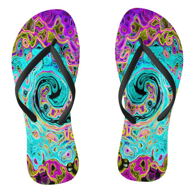 Icy Aqua Blue Groovy Abstract Retro Liquid Swirl Flip Flops (Footbed)