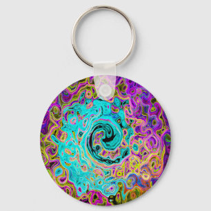 Icy Aqua Blue Groovy Abstract Retro Liquid Swirl Keychain