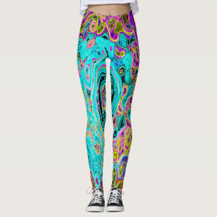 Icy Aqua Blue Groovy Abstract Retro Liquid Swirl Leggings