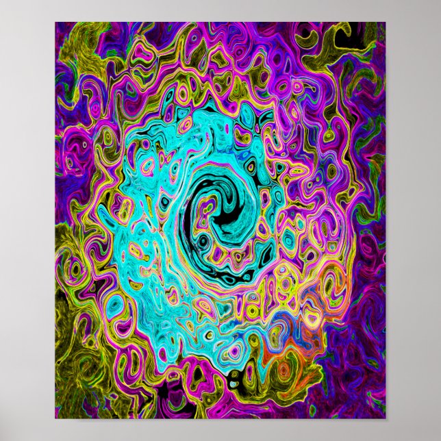 Icy Aqua Blue Groovy Abstract Retro Liquid Swirl Poster (Front)