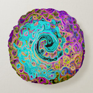 Icy Aqua Blue Groovy Abstract Retro Liquid Swirl Round Pillow