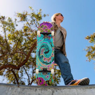 Icy Aqua Blue Groovy Abstract Retro Liquid Swirl Skateboard