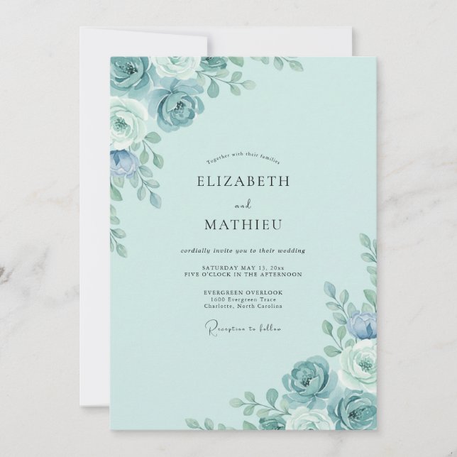 Icy Aqua Peony Wedding Invitation (Front)