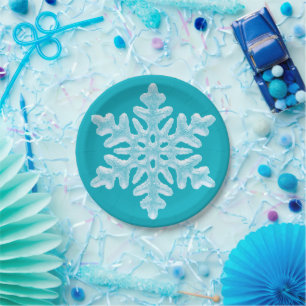 Icy Aqua Teal Frozen Snowflake Winter Christmas Paper Plate