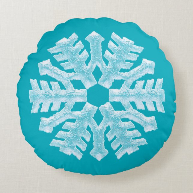 Icy Aqua Teal Frozen Snowflake Winter Christmas Round Pillow (Front)