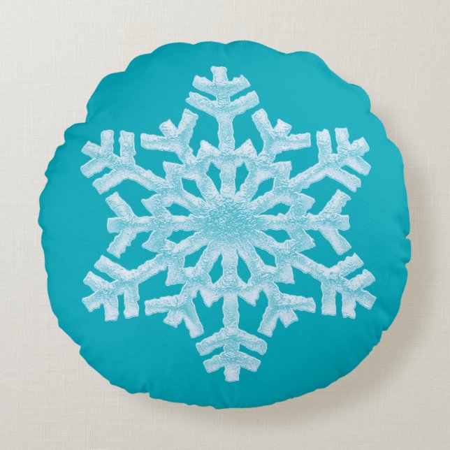 Icy Aqua Teal Frozen Snowflake Winter Christmas Round Pillow (Front)