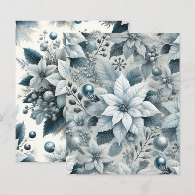 Icy Blue and White Poinsettia Scrapbook Paper (Front/Back)