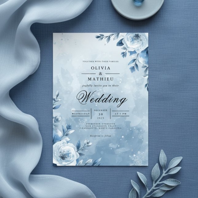 Icy Blue Floral Romance Wedding Invitation (Creator Uploaded)