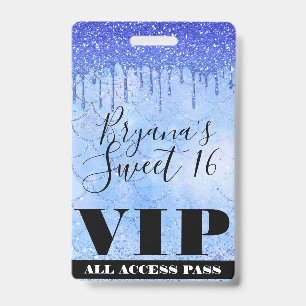 Icy Blue Glitter Drip Mermaid Sweet 16 VIP Pass Badge