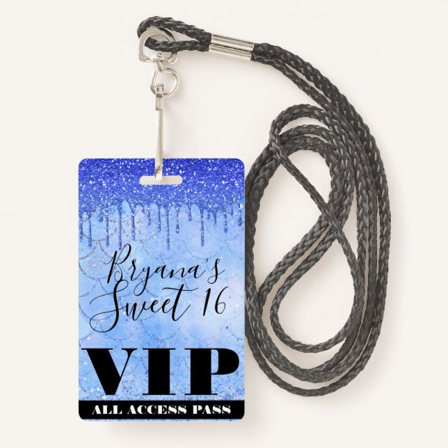 Icy Blue Glitter Drip Mermaid Sweet 16 VIP Pass Badge (Front with Lanyard)