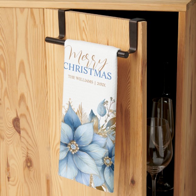  Icy Blue Gold Poinsettia Flower Christmas Kitchen Towel (Thirds Fold)
