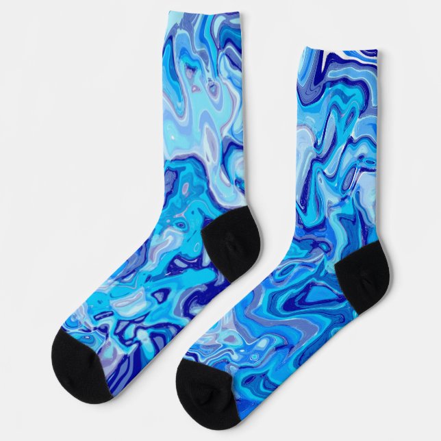 Icy Blue Marble Texture Liquid Metal Abstract Socks (Left)