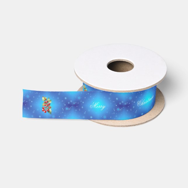 Icy Blue Merry Christmas Red Holly Berries Gift  Satin Ribbon (Spool)